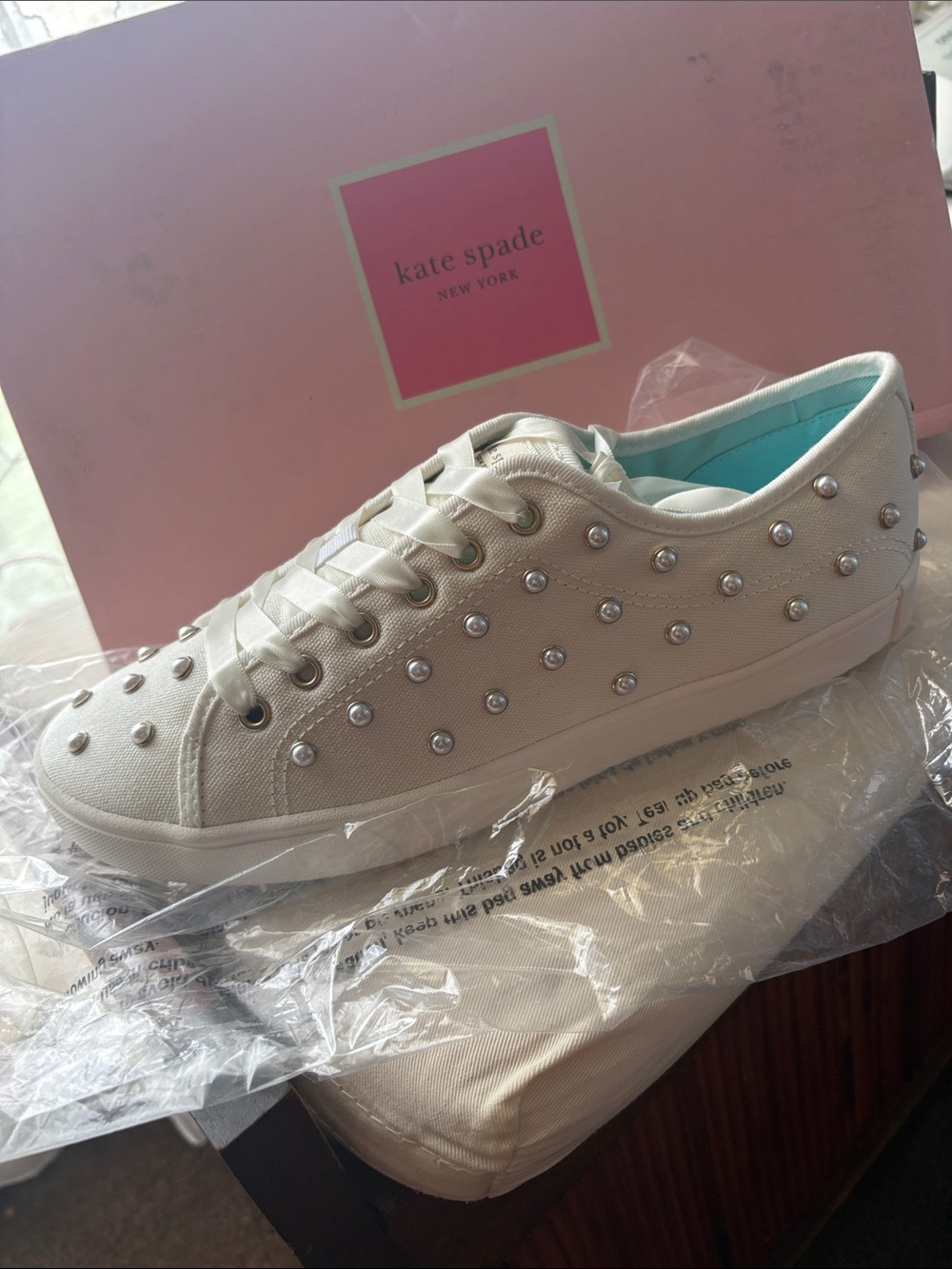 Kate Spade Ivory Canvas Pearl-Stud Low Top Sneaker - Match Pearls